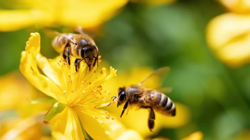 Two honeybees foraging on a yellow flower in a garden