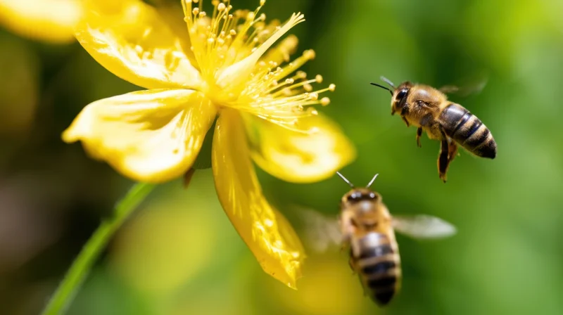 Two honeybees flying near a yellow flower in a garden