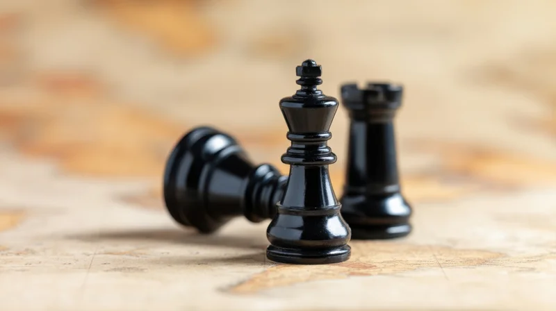 Black chess king standing upright with fallen rook and another rook beside it on wooden board