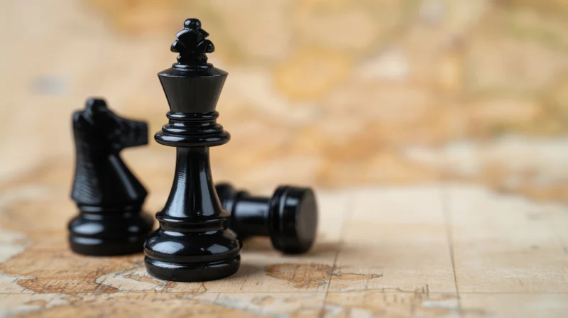 Black chess king standing upright with knight and fallen pawn on vintage map surface