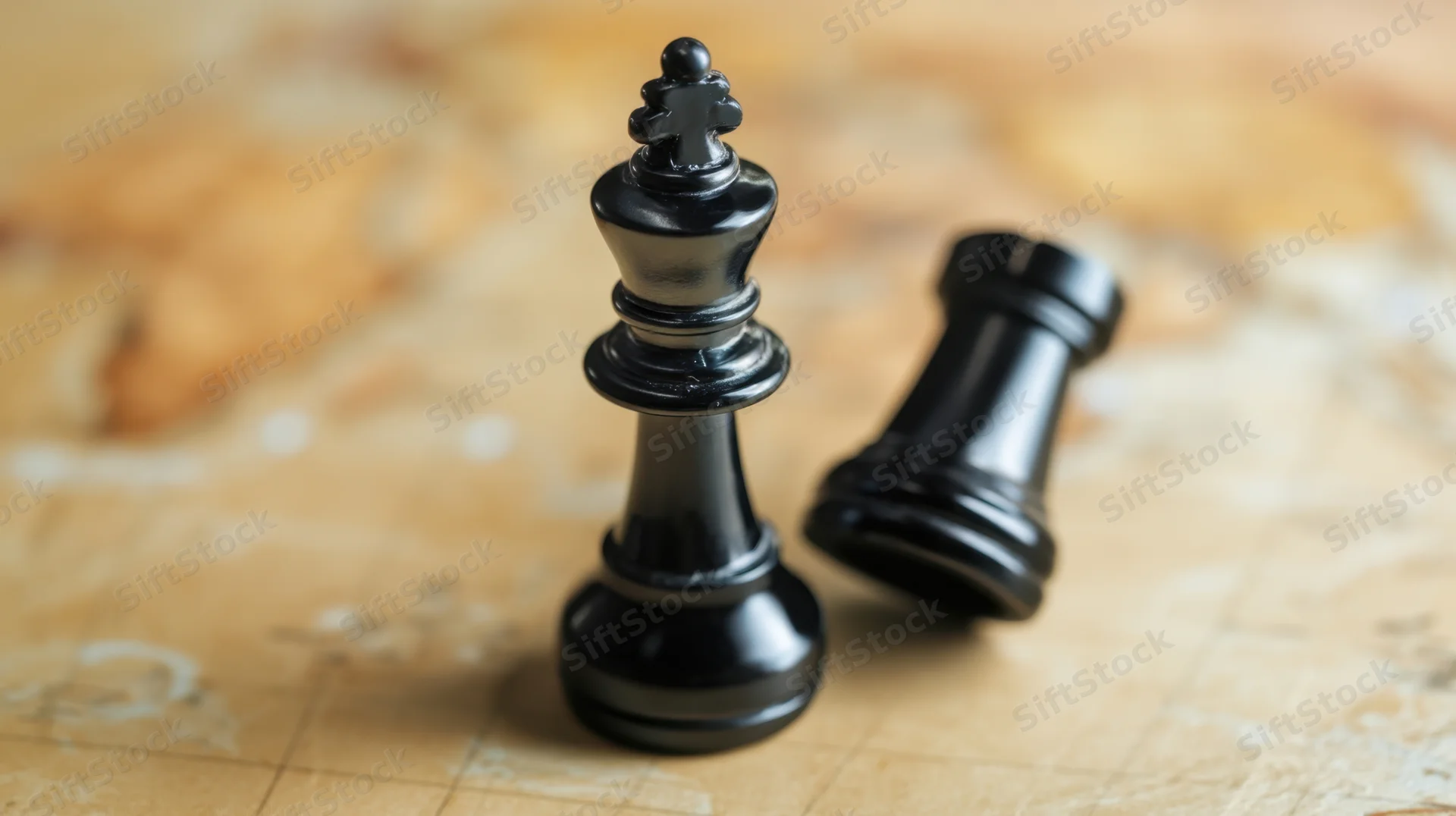 Black chess king standing upright next to fallen rook on wooden board