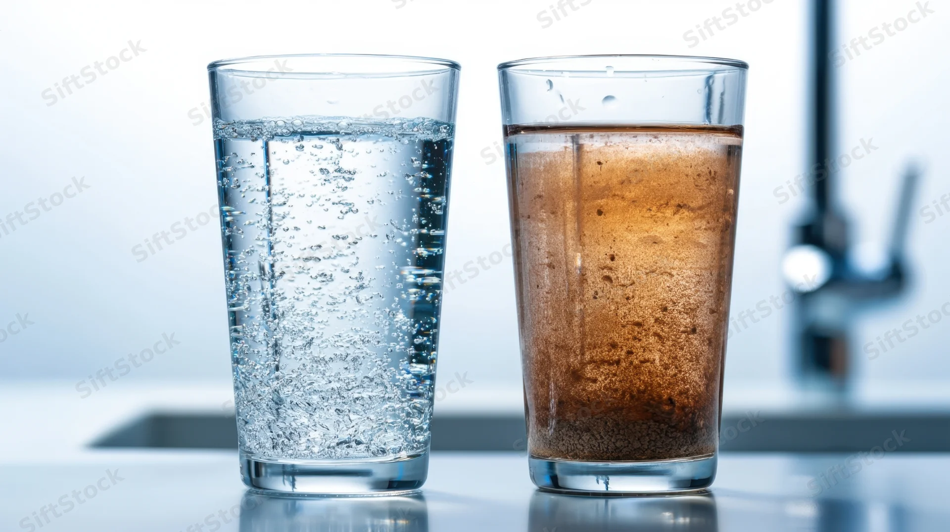 Two glasses of carbonated water and soda on a kitchen countertop near a sink