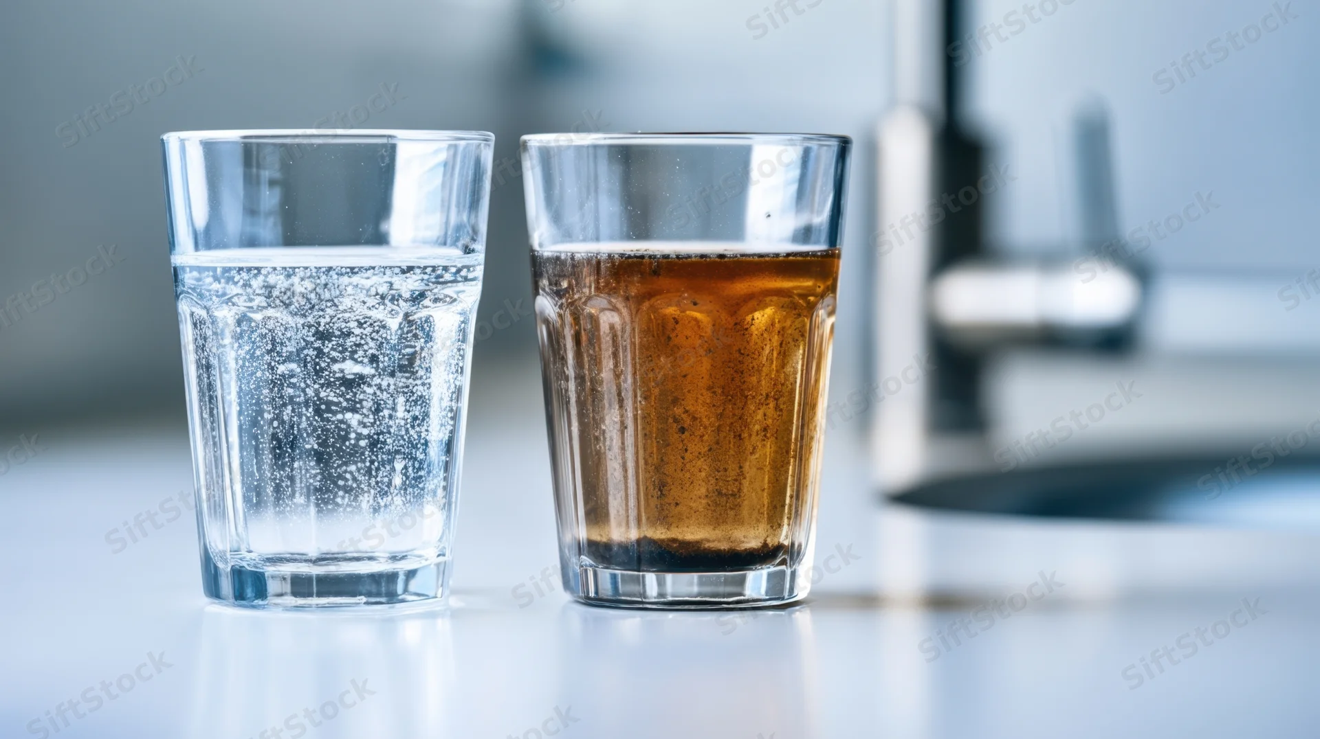 Two glasses of soda and water on a kitchen countertop near a sink