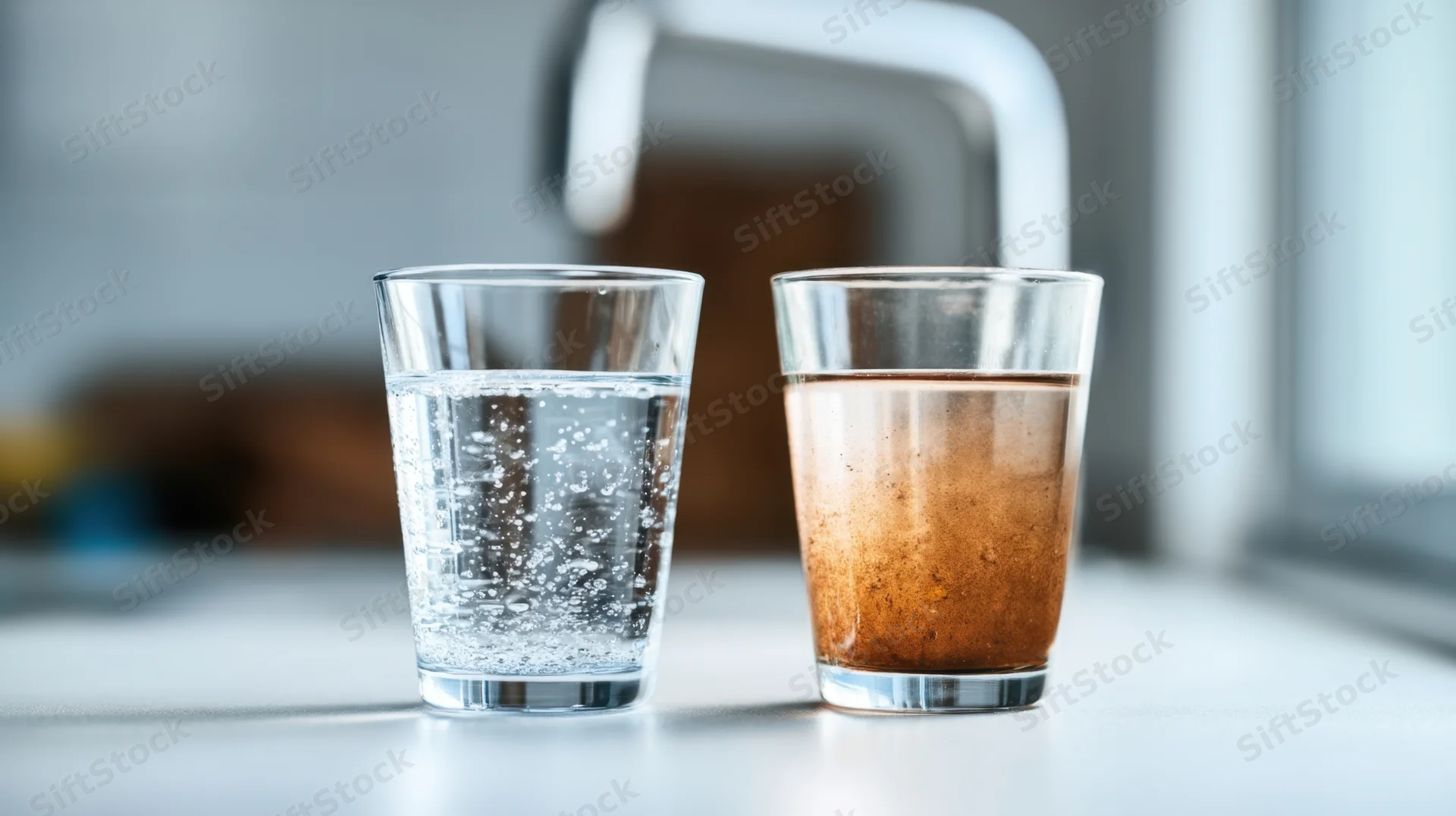 Two glasses of clear carbonated water and brown soda on a kitchen countertop near a faucet