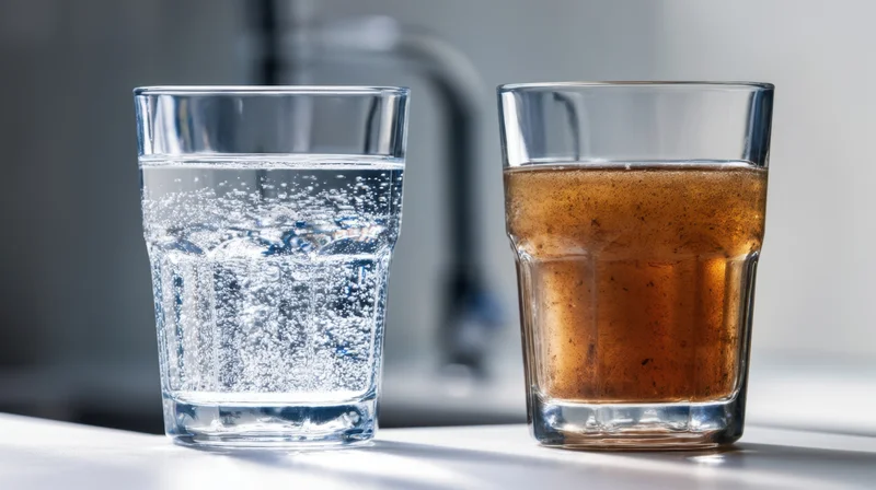 Two glasses of clear carbonated water and brown soda on a kitchen countertop near a sink