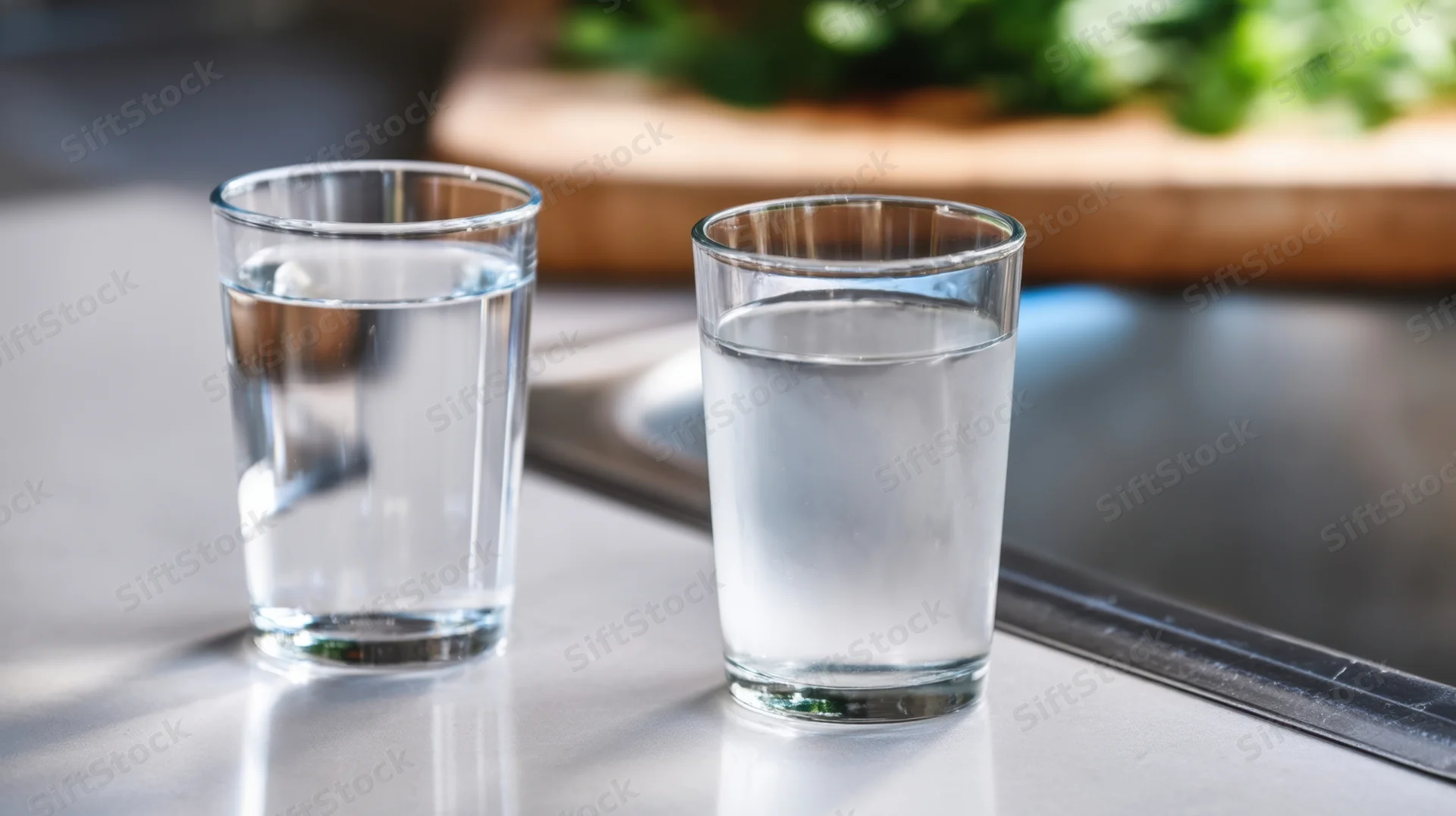 Two glasses of water on a stainless steel kitchen countertop near a sink and cutting board with herbs