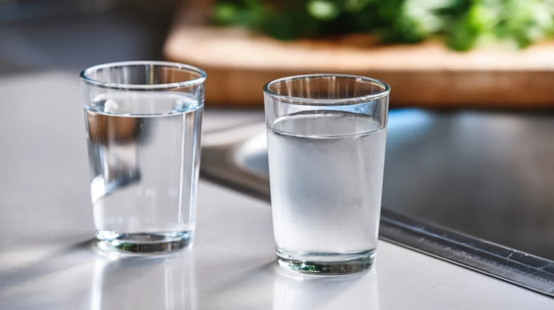 Two glasses of water on a stainless steel kitchen countertop near a sink and cutting board with herbs