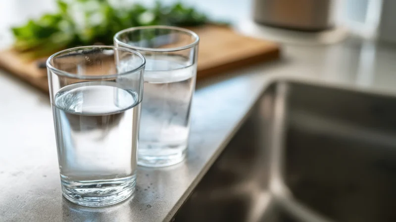 Two glasses of water on a kitchen countertop near a sink