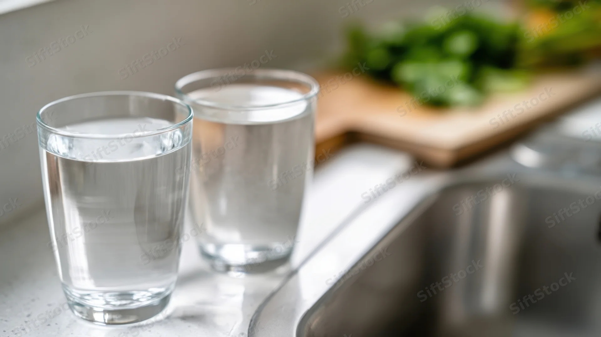 Two glasses of water on a kitchen countertop near a sink