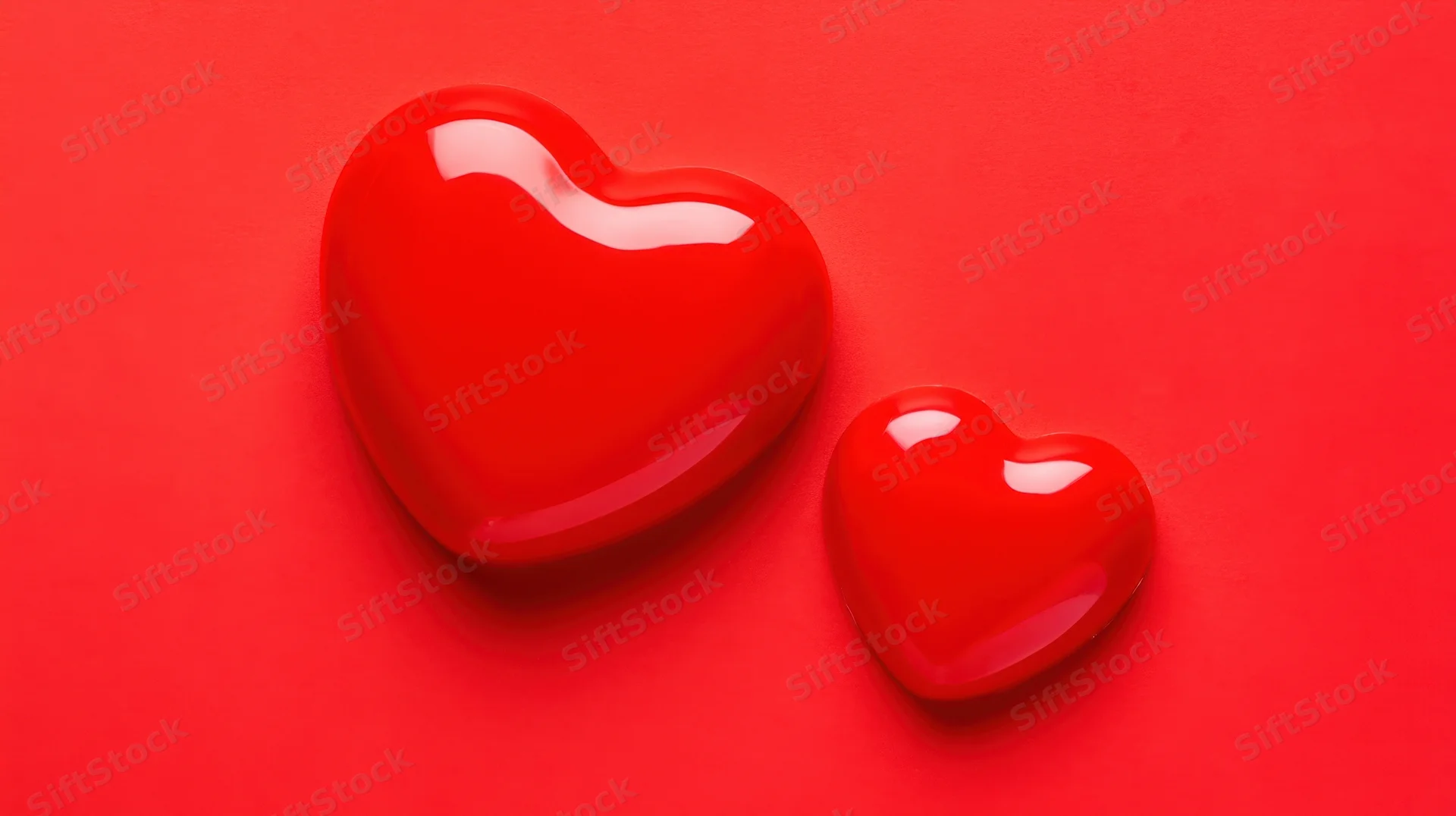 Two glossy red hearts on a red surface
