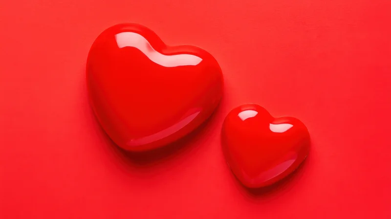Two glossy red hearts on a red surface
