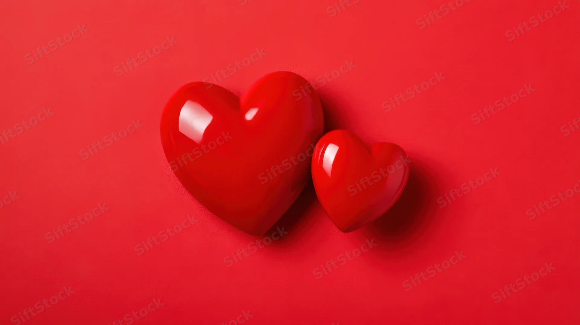 Two glossy red hearts on a red surface with copyspace