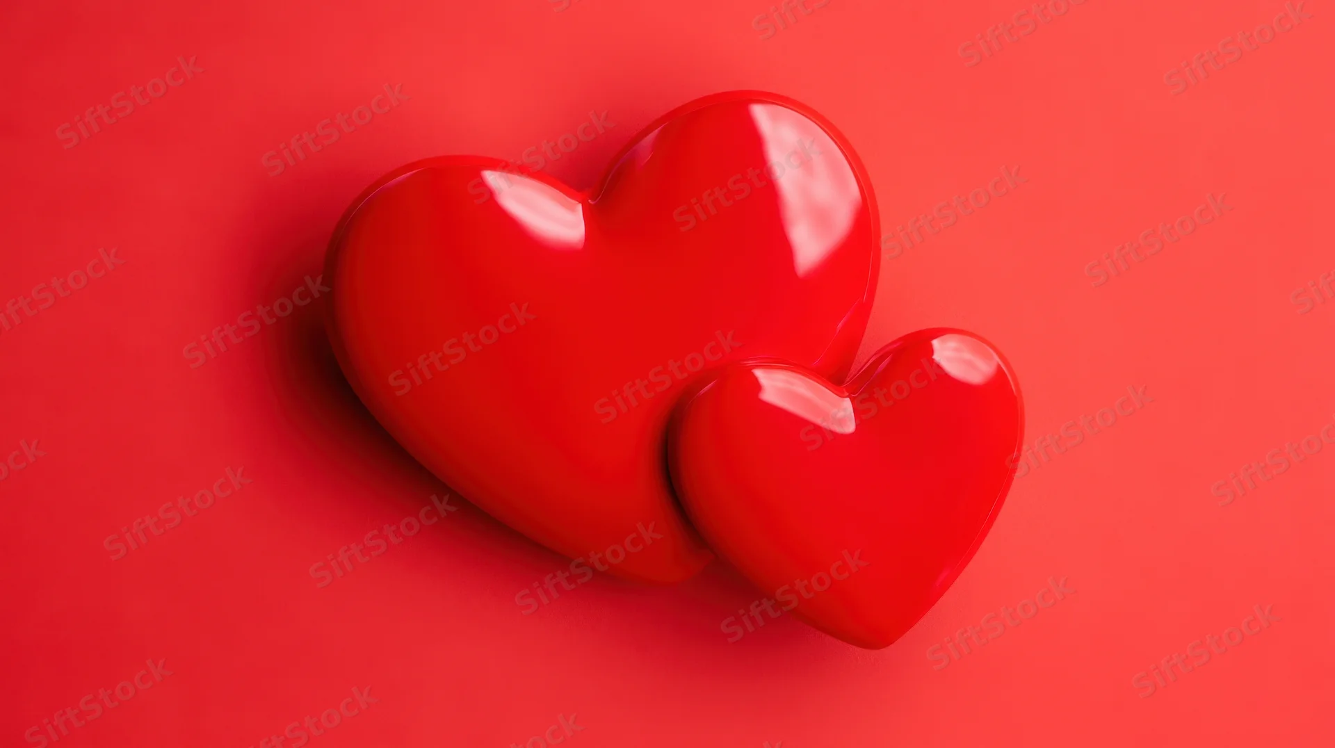 Two glossy red hearts resting on a red surface with copyspace