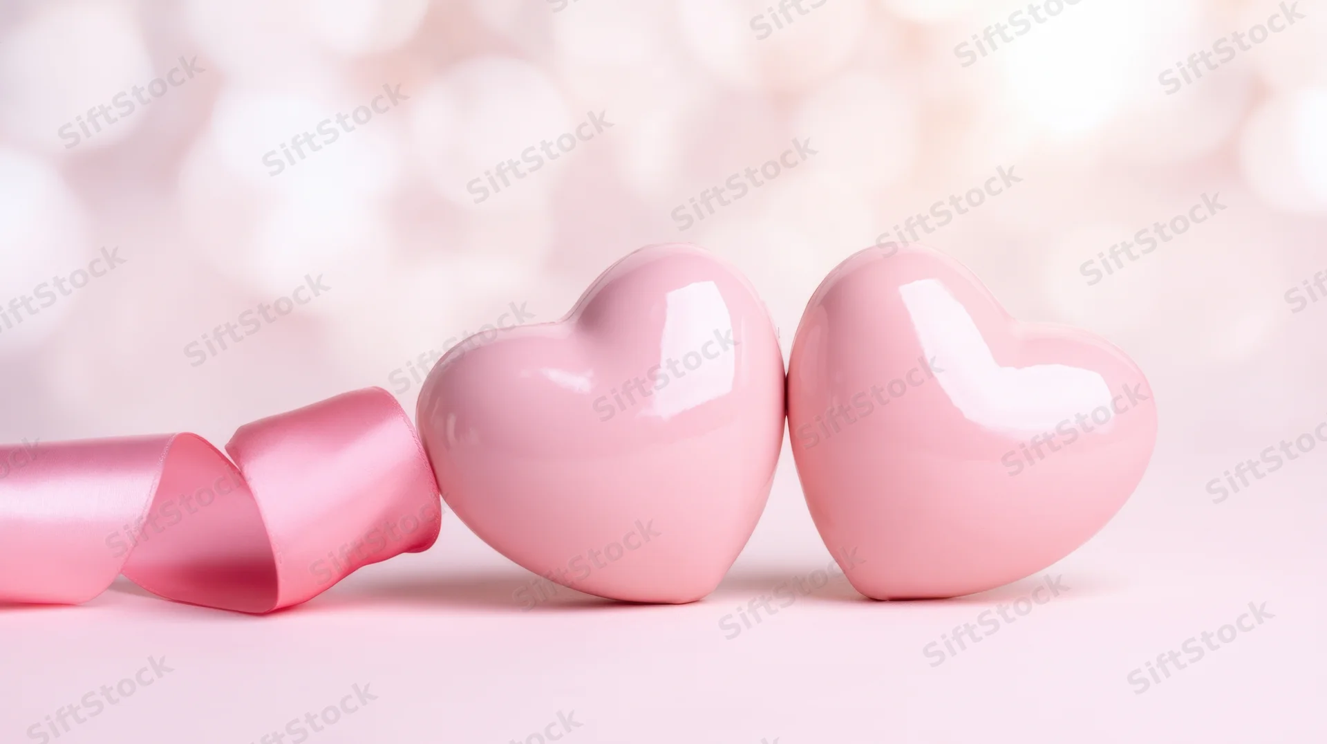 Two glossy pink hearts side by side on a soft pink surface with bokeh lights behind