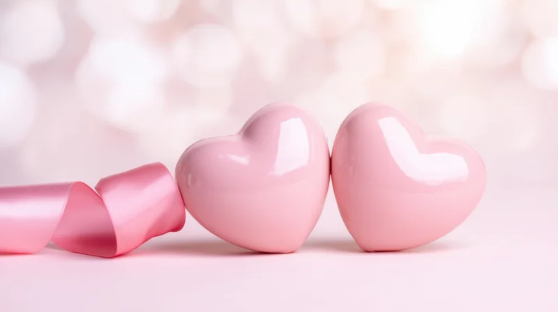 Two glossy pink hearts side by side on a soft pink surface with bokeh lights behind
