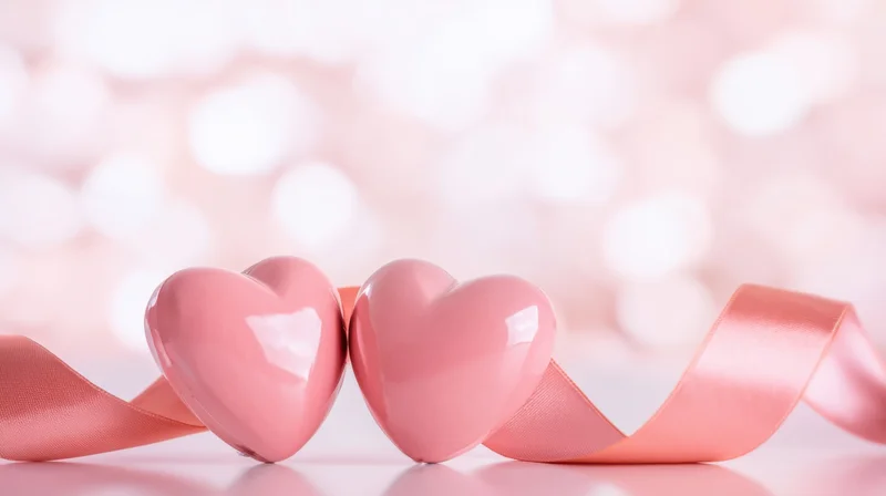 Two glossy pink hearts with a satin ribbon on a soft bokeh background