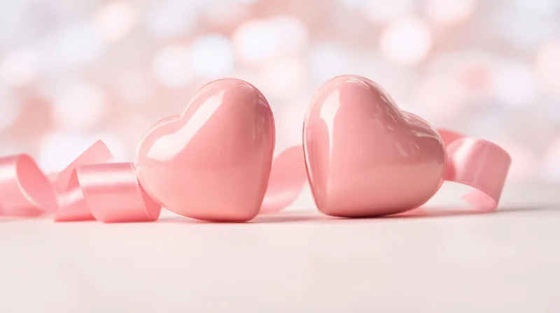 Two glossy pink hearts with ribbon on a soft bokeh background