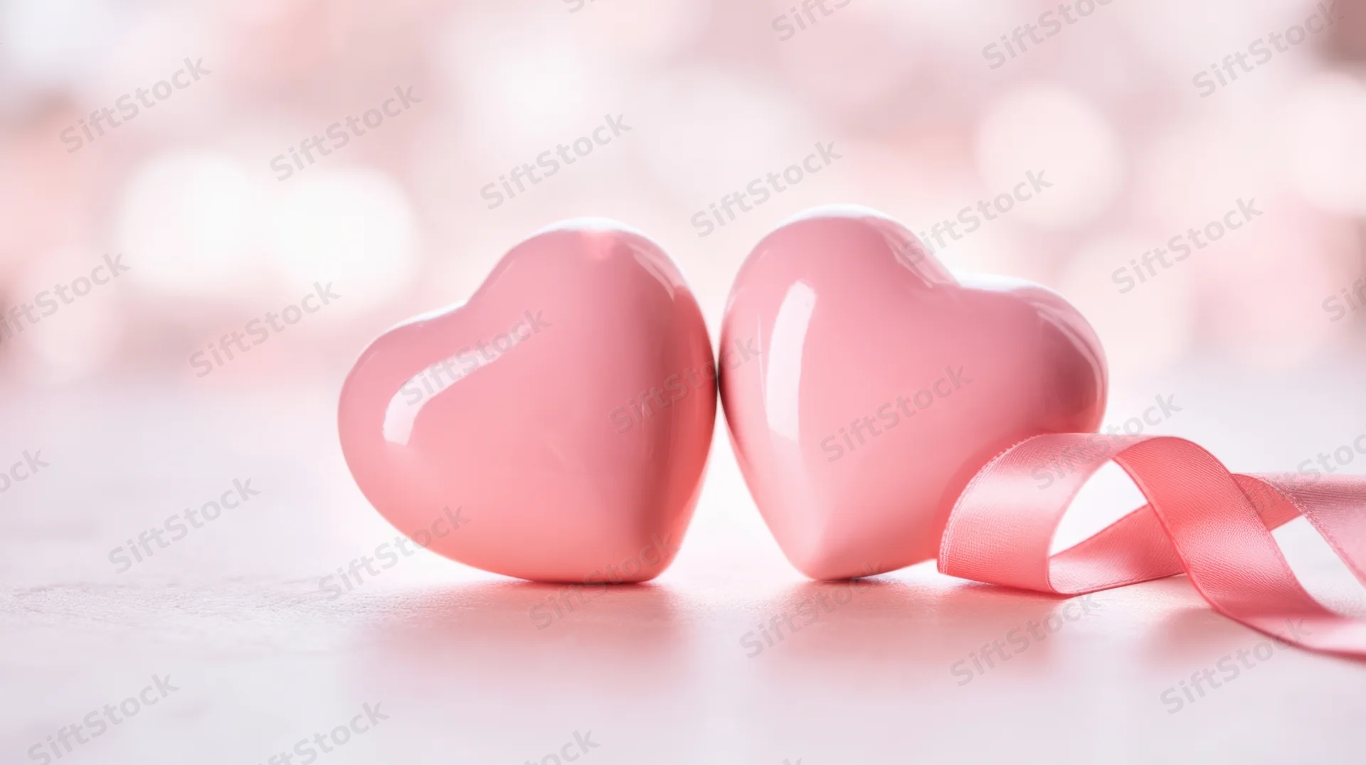 Two glossy pink hearts touching on a light surface with a satin ribbon beside them