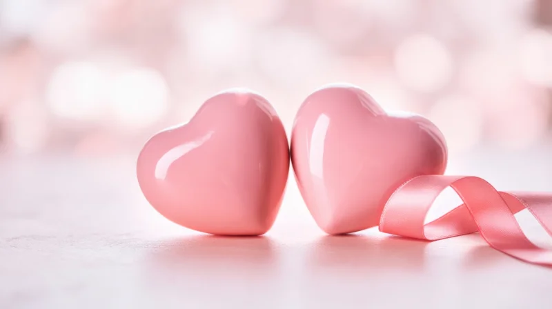 Two glossy pink hearts touching on a light surface with a satin ribbon beside them