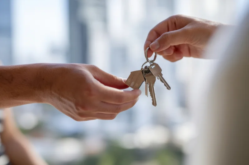 Two hands exchanging keys with a house-shaped keychain against a blurred city view