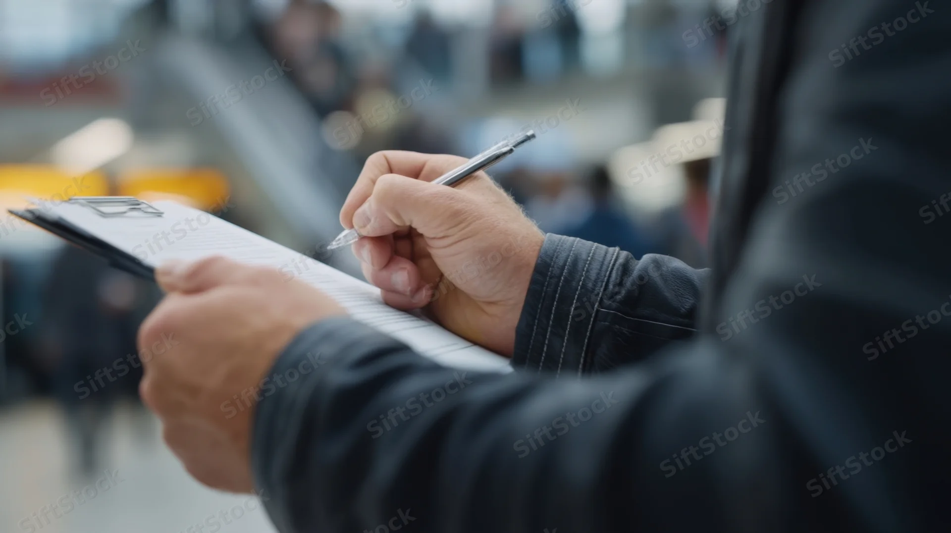 Man writing on a clipboard with a pen in a public transit area