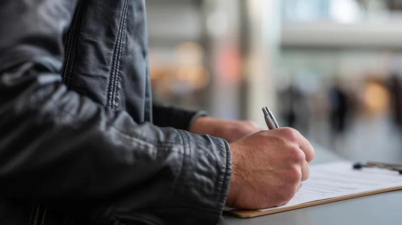 Man writing on a document with a pen at a desk in an office setting