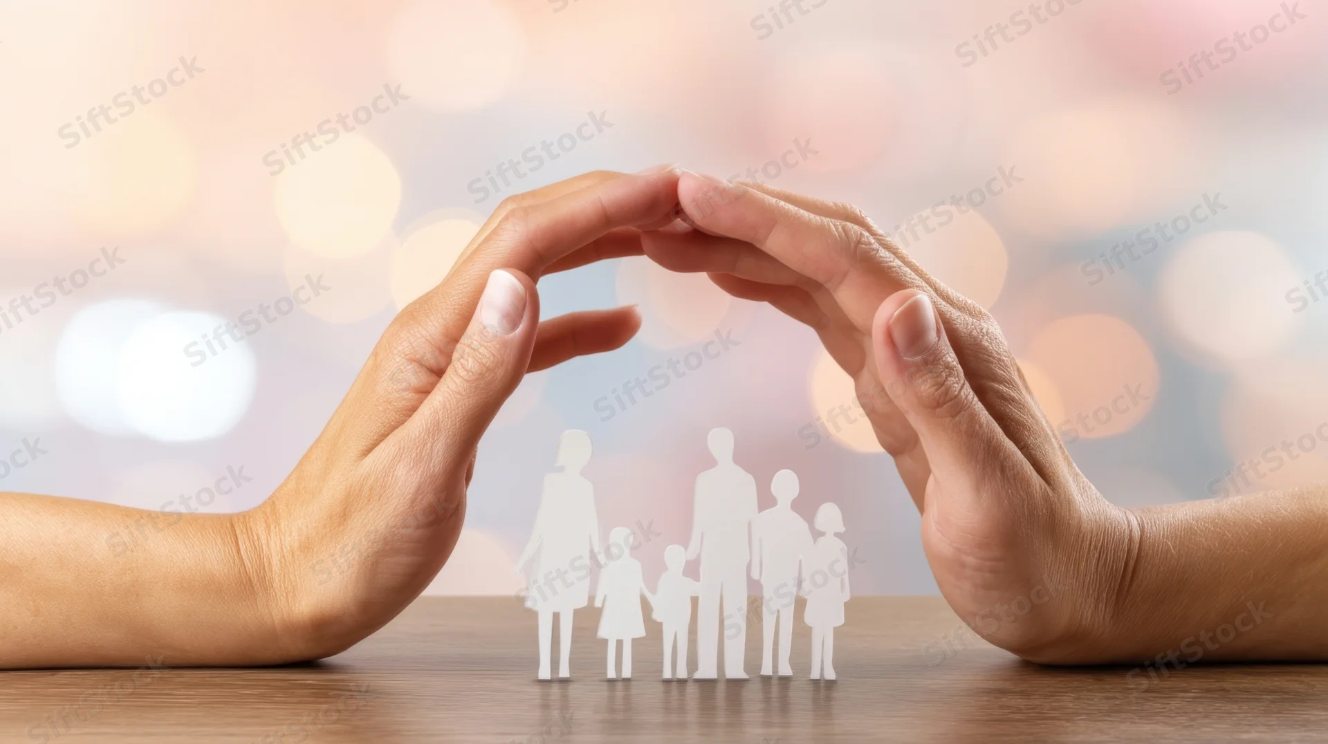 Two hands forming a protective arch over a paper family cutout on a wooden table