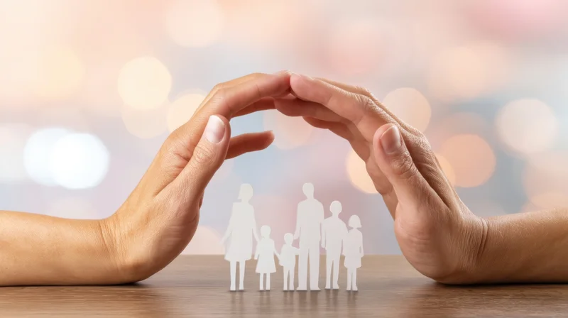 Two hands forming a protective arch over a paper family cutout on a wooden table