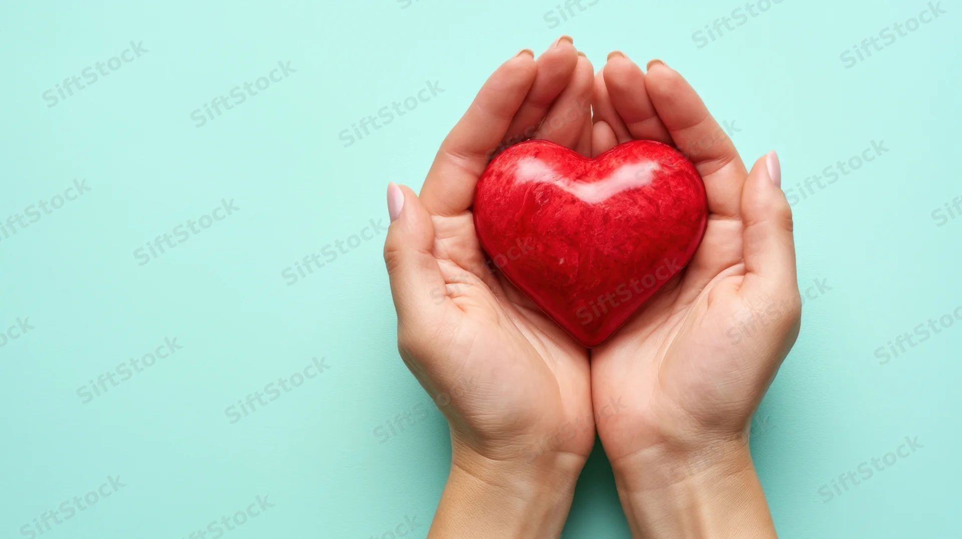 Hands holding a red heart against a light blue background
