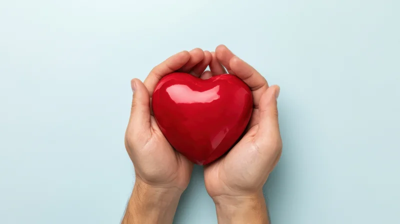 Hands holding a red heart against a light blue background