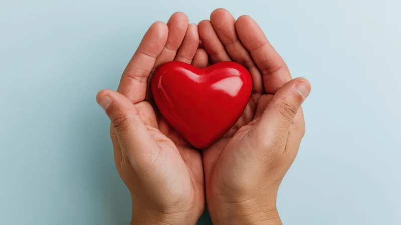 Hands holding a red heart against a light blue background