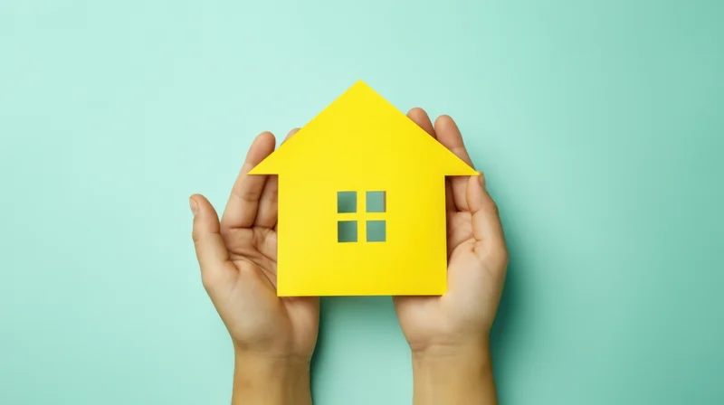 Hands holding a yellow paper house cutout against a mint background