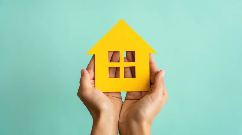 Hands holding a yellow paper house cutout against a teal background