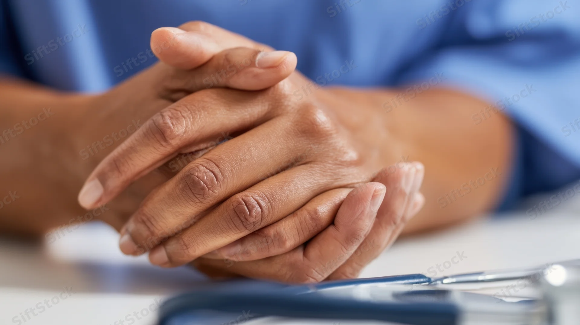 Hands clasped on a table with a stethoscope nearby in a medical consultation setting