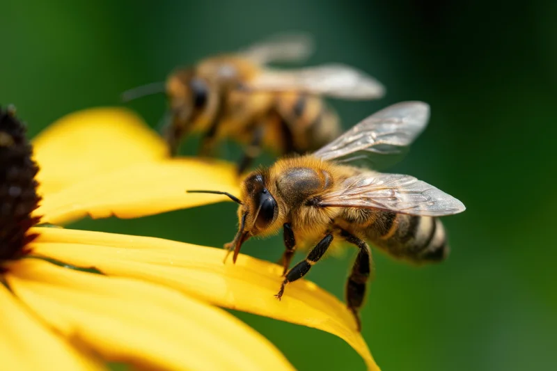Two honeybees foraging on a yellow flower in a garden