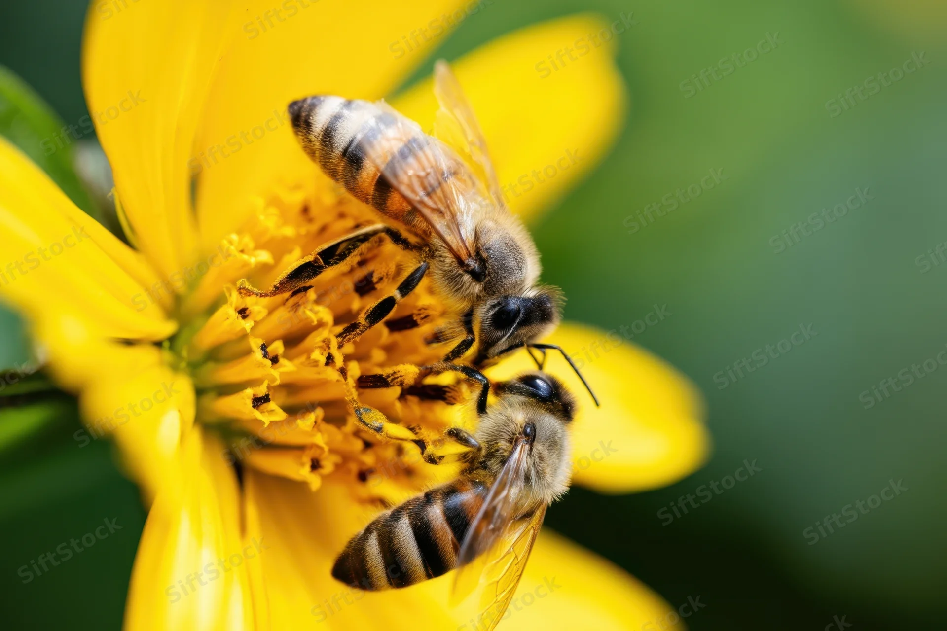 Two honeybees foraging on a yellow flower in a garden