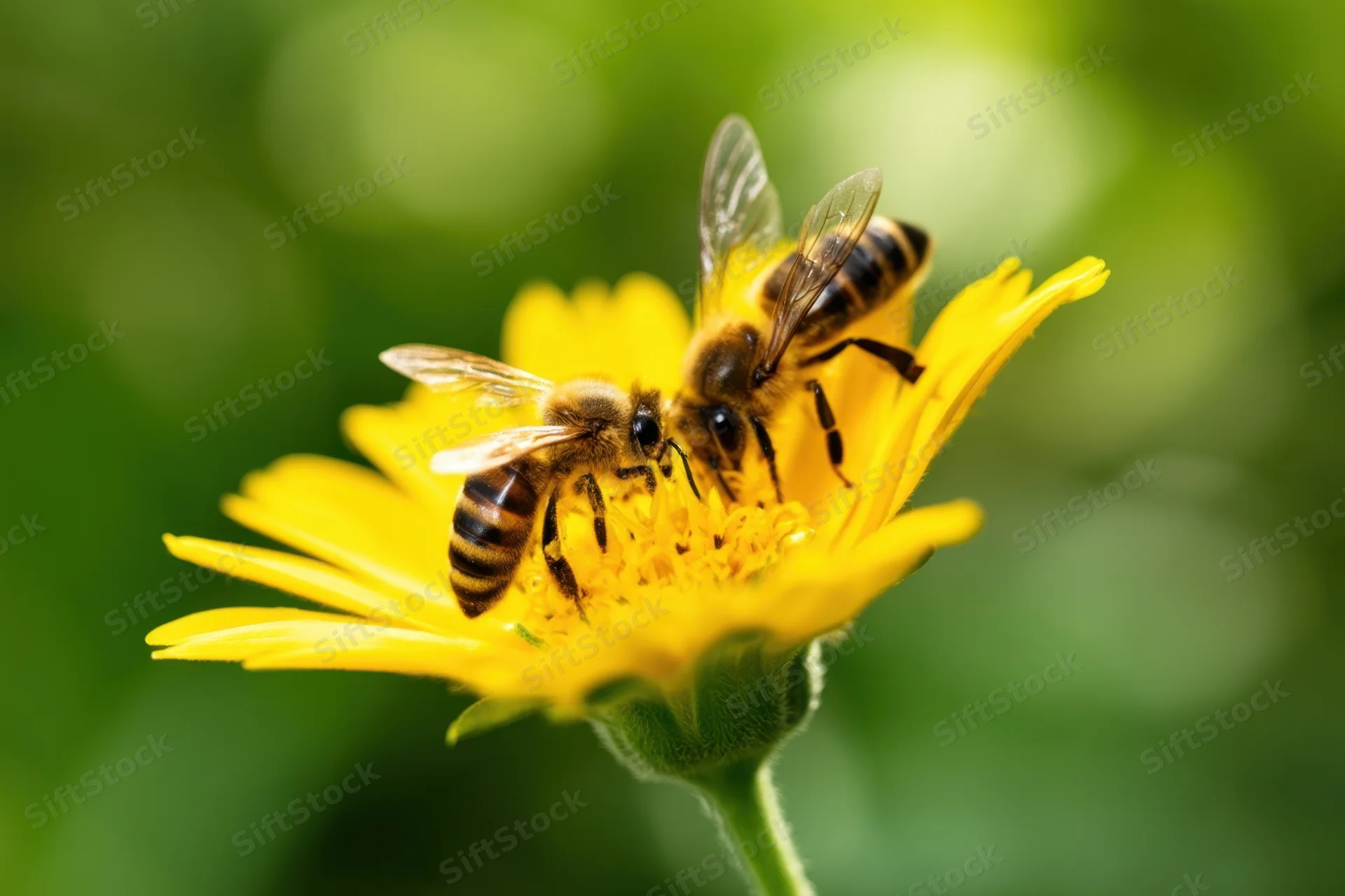 Two honeybees foraging on a yellow flower in a garden