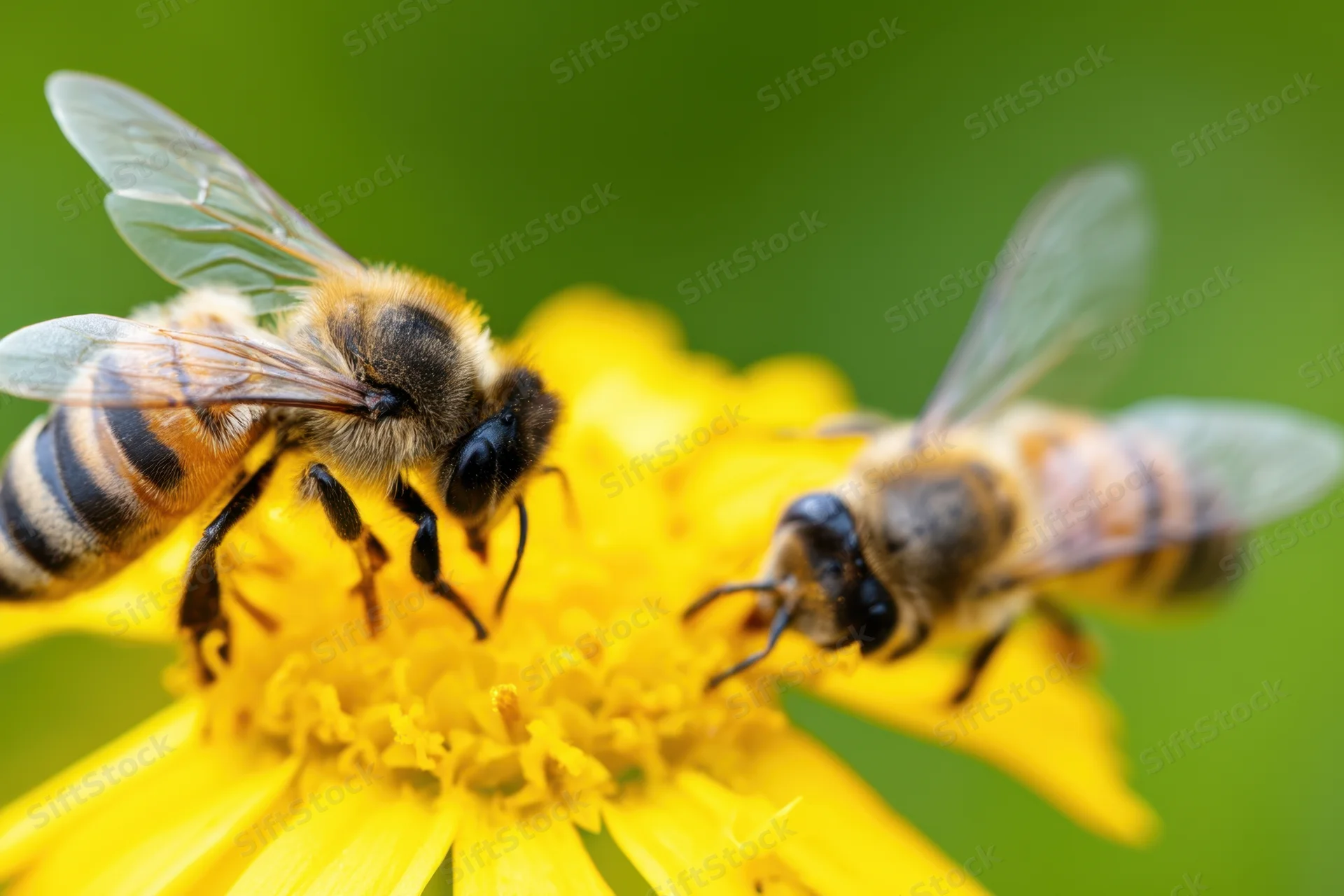Two honeybees foraging on a yellow flower in a garden