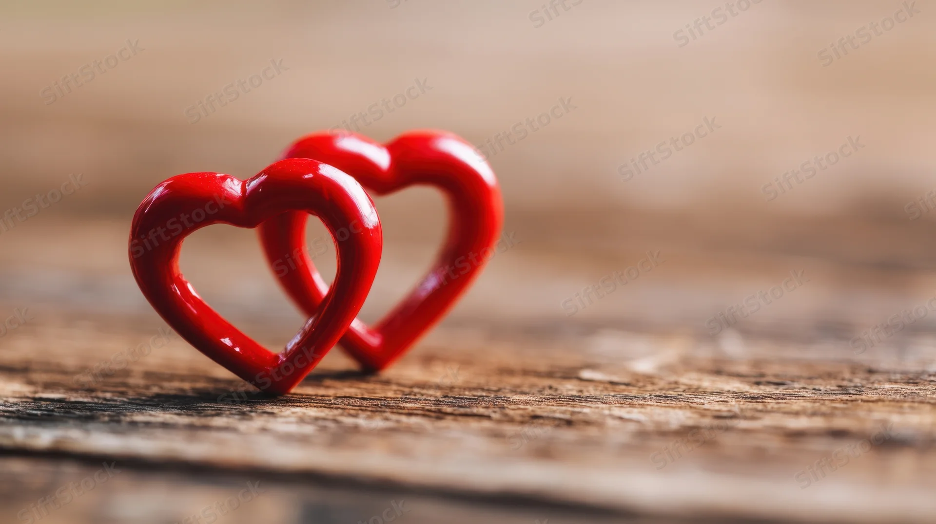 Two red heart ornaments interlocked on a wooden surface