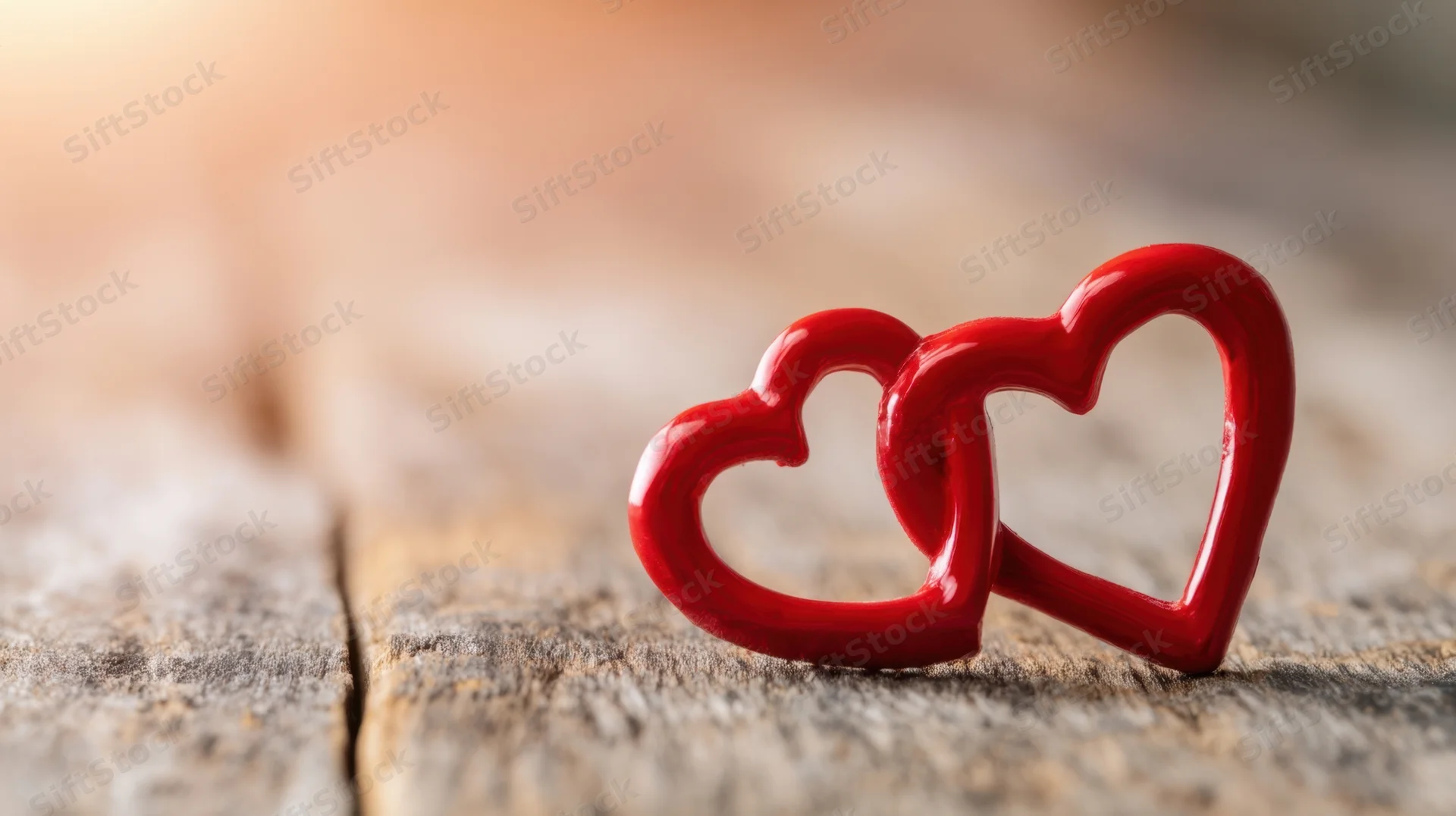 Two red interlocked heart symbols resting on a rustic wooden surface