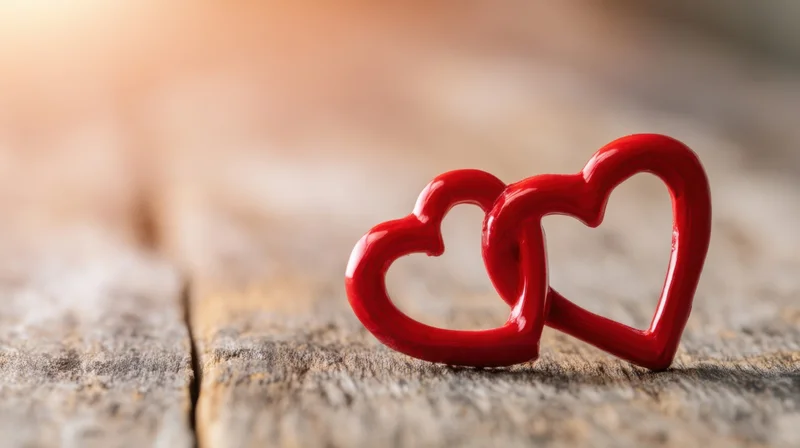 Two red interlocked heart symbols resting on a rustic wooden surface