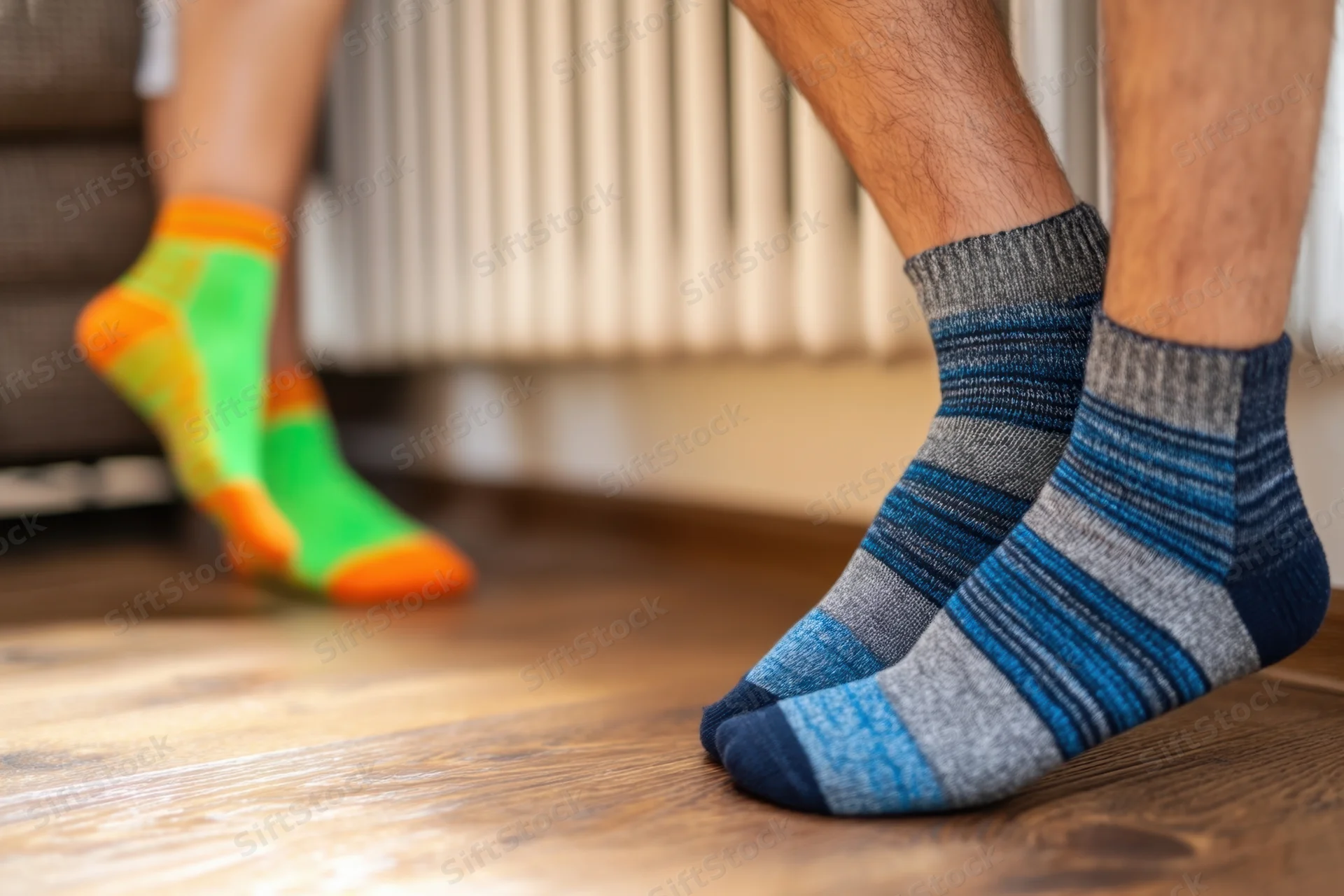 Closeup of two pairs of socks on feet standing on wooden floor in living room