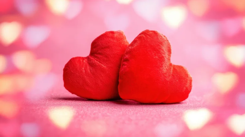 Two red plush hearts resting side by side on a glittery pink surface with heart-shaped bokeh lights in the background