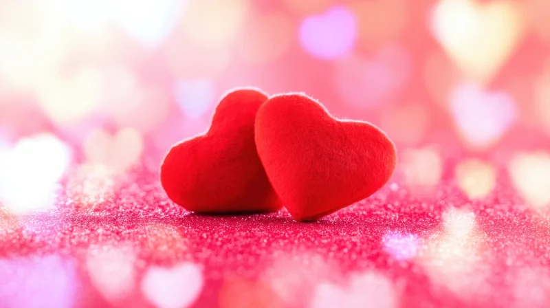 Two red plush hearts resting on glittery pink surface with heart-shaped bokeh lights in background