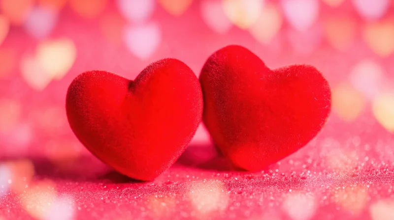 Two red plush hearts resting side by side on a glittery pink surface with heart-shaped bokeh lights in the background