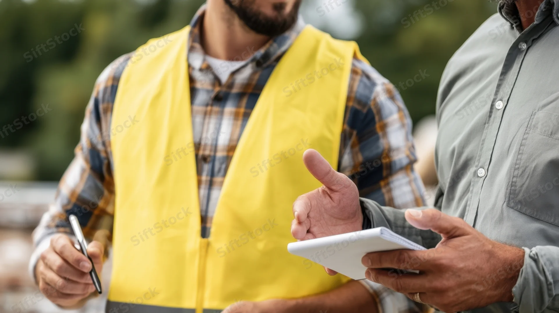 Two construction workers discussing project details outdoors while holding tablet and smartphone