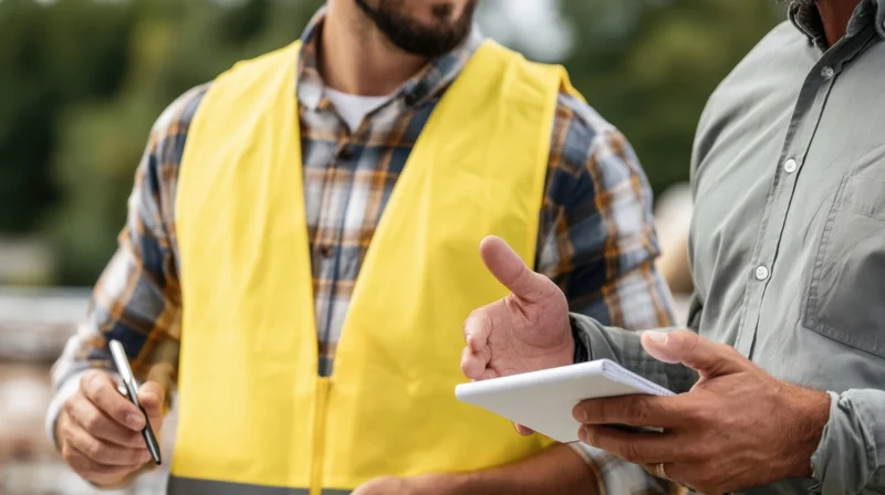 Two construction workers discussing project details outdoors while holding tablet and smartphone