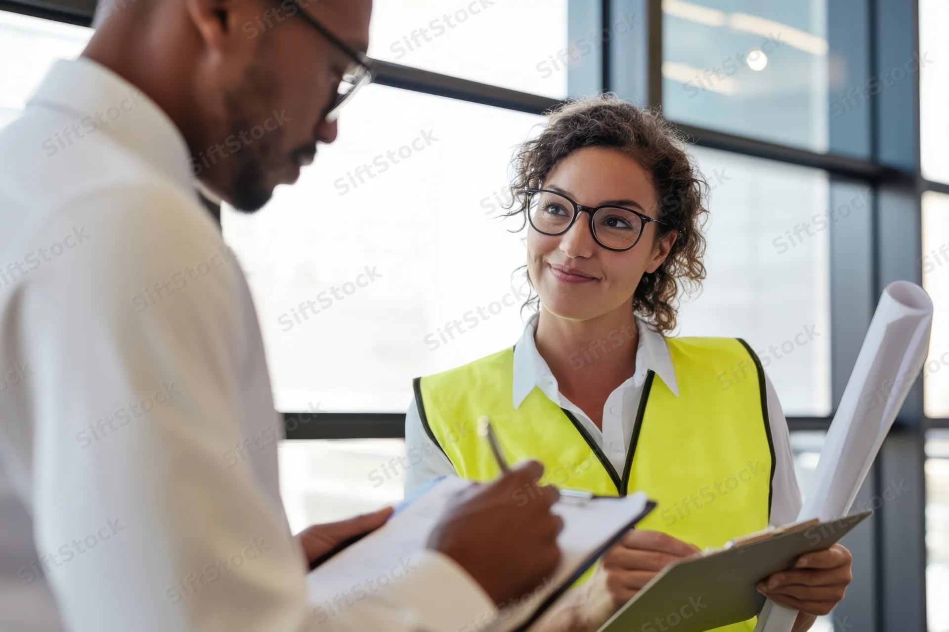 Woman in yellow safety vest holding clipboard and blueprint discussing project with man in white shirt at office window
