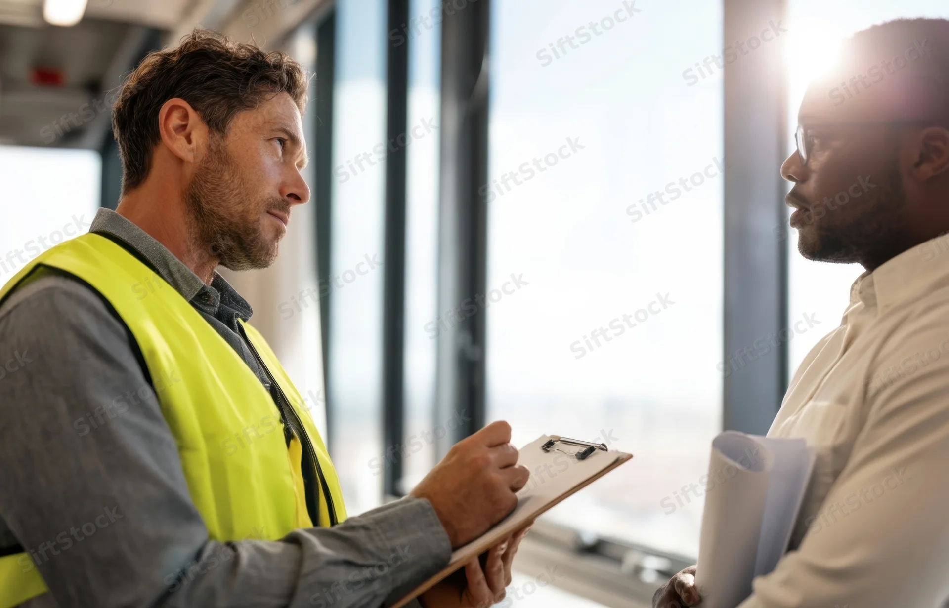 Two men discussing a construction project in an office near a window