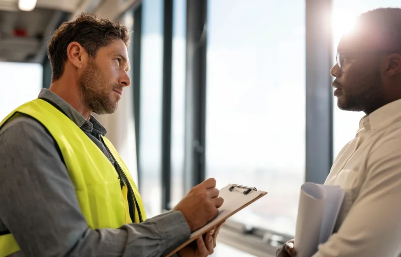 Two men discussing a construction project in an office near a window